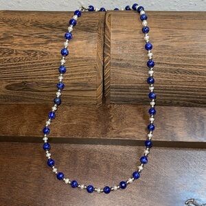 Lapis, Silver & Pearl beaded Necklace 25”